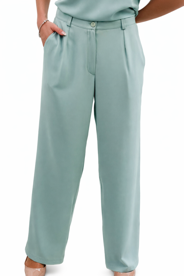 Spodnie Eleganckie Damskie Szerokie Wysoki Stan Garniturowe Premium - szałwia